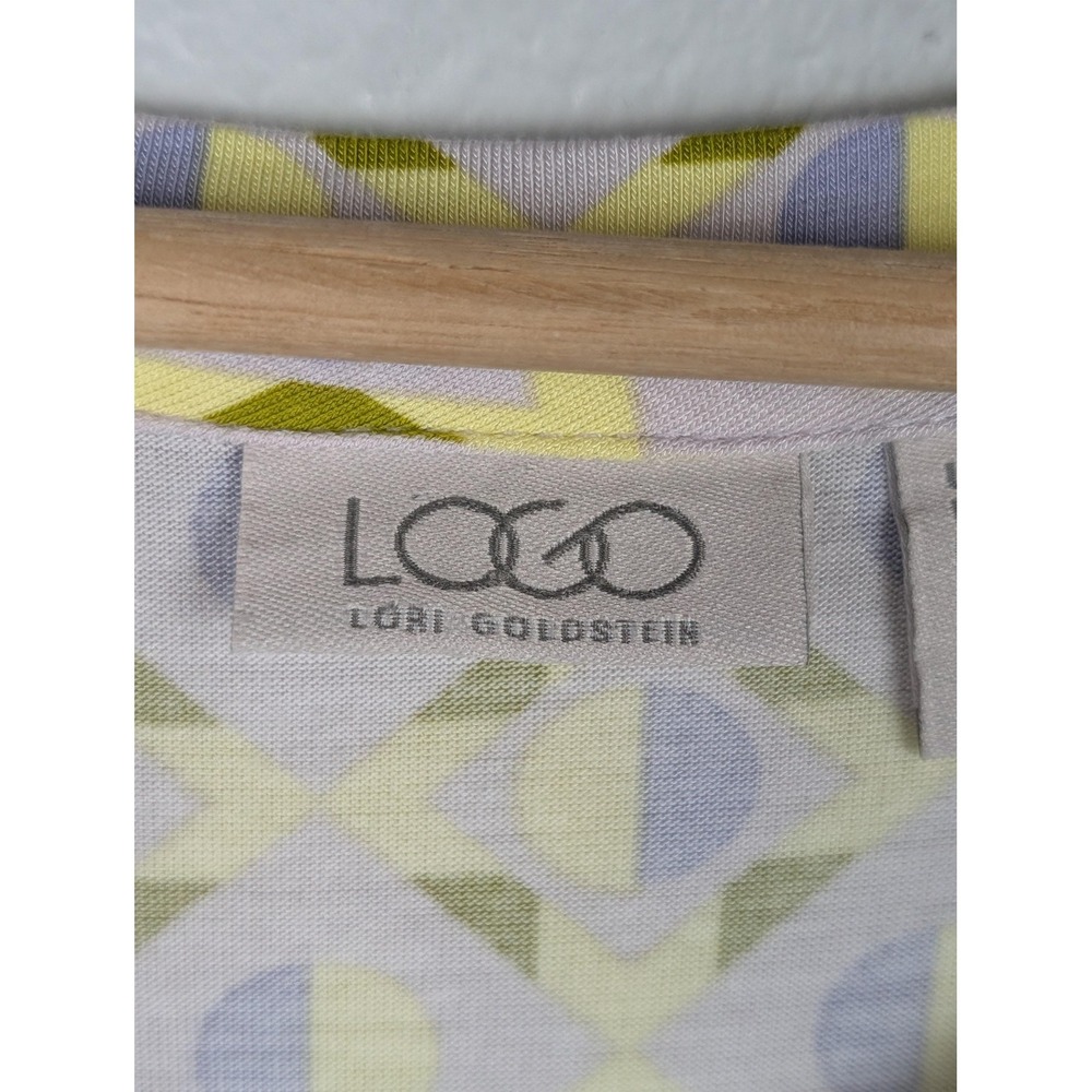 LOGO Lori Goldstein Tunic Shirt Womens 1X Yellow Geometric Asym Hem Chiffon‎ - Picture 4 of 7